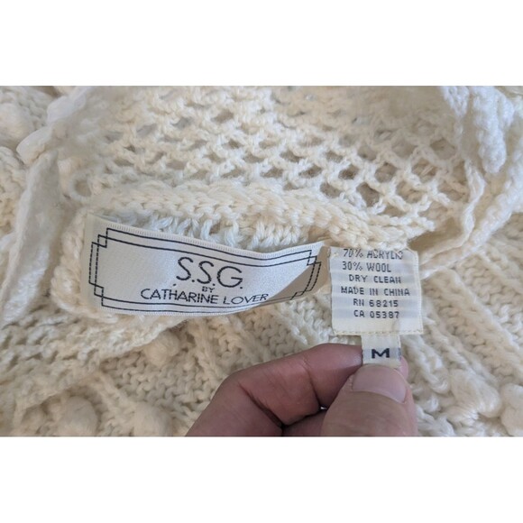 Vintage 80s S.S.G. Catharine Lover Chunky Crochet Sweater Cottage Core Ivory M - Picture 6 of 8